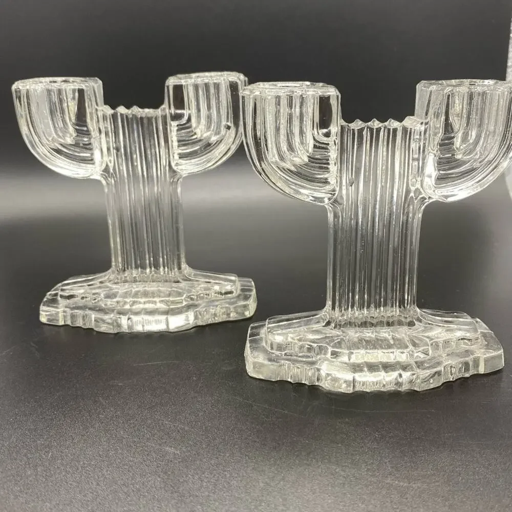 Art Deco Anchor‎ Hocking Queen Mary pair Depression glass candlestick holders